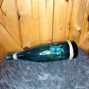 Santa Maria Galleon Ship In A Green Bottle Cork Sealed Nautical Sailing Decor